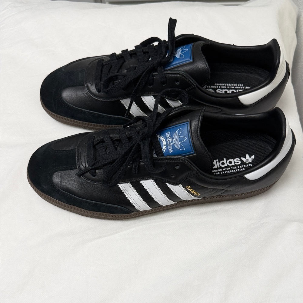 adidas Black & White Samba Sneakers with Blue Tongue Detail